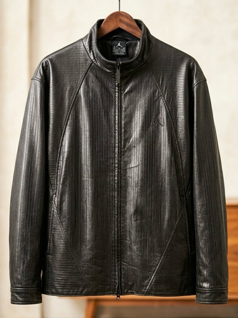 Vintage Nike Air Jordan Black Ribbed Leather Jacket - Size XL